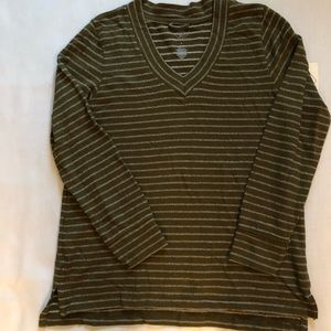 Long sleeved knit V neck striped top, olive green & white, Medium, St John’s Bay